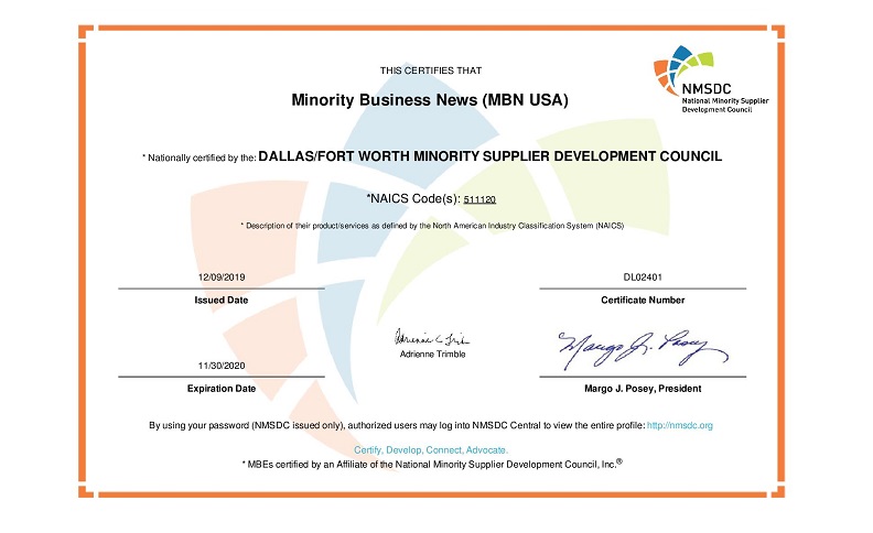 MBNUSA NMSDC Certificate